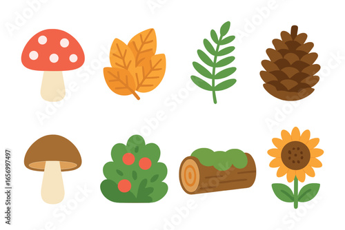 Forest Flora Icons. Flat vector mini-illustrations forest plants and fungi in colors children's illustrations:
