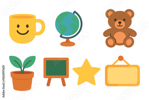 Fun Kids' Video Call Props. Flat vector mini-illustrations fun video call props in colors children's