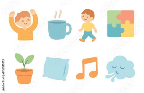 Colorful Break Icons. Flat vector mini-illustrations taking breaks in colors children's illustrations: