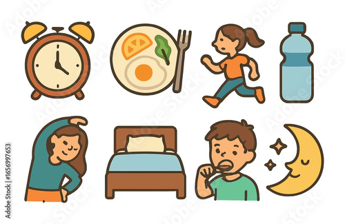 Healthy Routines for Kids. Flat vector mini-illustrations healthy daily routines in colors children's