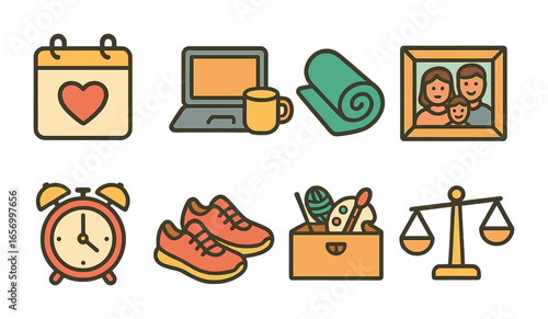 Work-Life Balance Icons. Flat vector mini-illustrations work-life balance in colors children's illustrations: