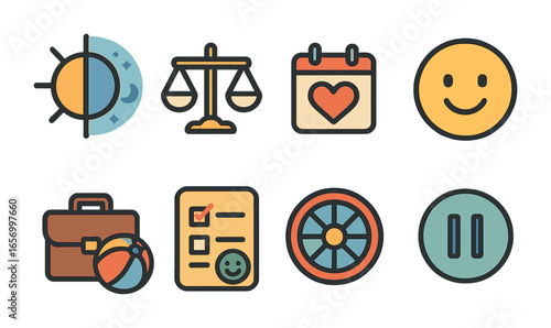 Work-Life Balance Icons. Flat vector mini-illustrations work-life balance symbols in colors children's