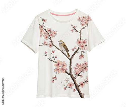 Stylish t-shirt featuring a cute bird sitting on a cherry blossom branch isolated on a transparent background png
