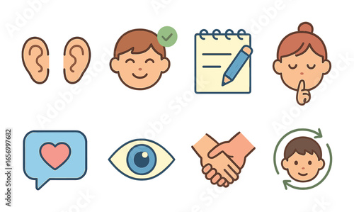Active Listening Icons. Flat vector mini-illustrations active listening in colors children's illustrations: