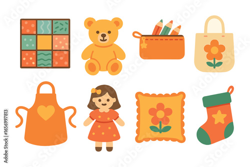 Creative Sewing Icons. Flat vector mini-illustrations creative sewing projects in colors children's