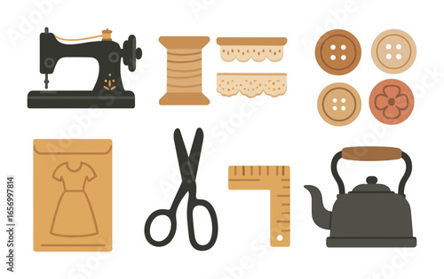 Vintage Sewing Icons. Flat vector mini-illustrations vintage sewing in colors children's illustrations: old
