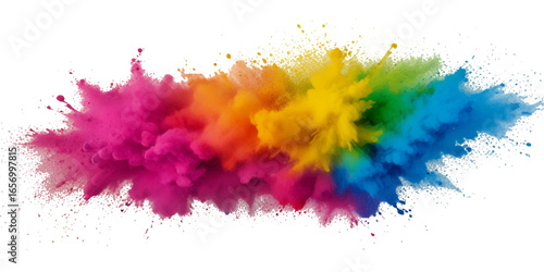 Vector colorful vibrant rainbow, smoke and cloud holi paint color powder explosion with bright colors isolated on transparent background. Multicolored explosion of rainbow powder paint holi festival	