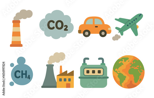 Colorful Emissions Icons. Flat vector mini-illustrations greenhouse gas emissions in colors children's