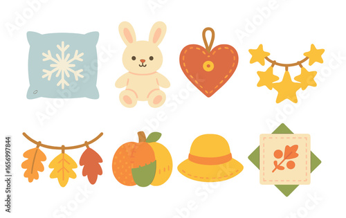Seasonal Sewing Crafts. Flat vector mini-illustrations seasonal sewing crafts in colors children's