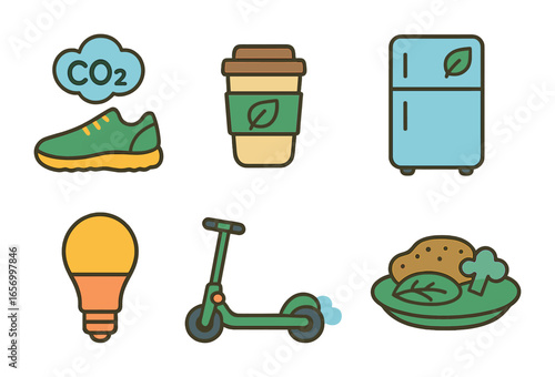 Eco-Friendly Icons Grid. Flat vector mini-illustrations carbon footprint reduction in colors children's