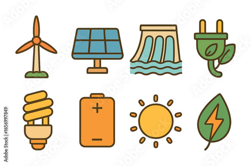 Eco-Friendly Energy Icons. Flat vector mini-illustrations renewable energy in colors children's illustrations: