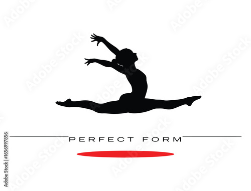 Gymnast Silhouette in Split Leap, Perfect Form Dance Pose Logo, yoga pose silhouette