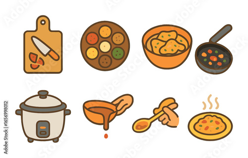 Indian Cooking Icons. Flat vector mini-illustrations kitchen prep steps for Indian recipes in colors