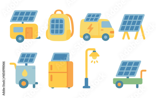 Children's Solar Icons. Flat vector mini-illustrations mobile solar units in colors children's illustrations: