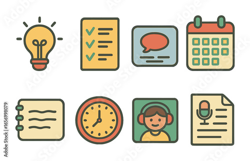 Colorful Podcast Planning Icons. Flat vector mini-illustrations podcast episode planning in colors children's