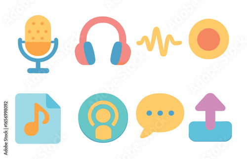 Colorful Podcast Icons. Flat vector mini-illustrations podcasting in colors children's illustrations: