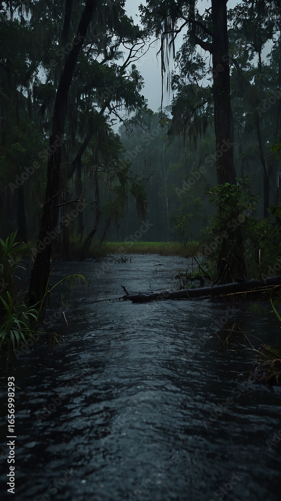 Obraz premium Heavy Rainfall in Wetland – Dramatic Cinematic Weather Scene