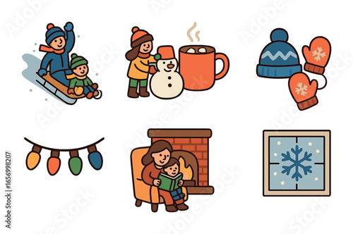 Winter Family Fun Icons. Flat vector mini-illustrations winter family fun in colors children's illustrations: