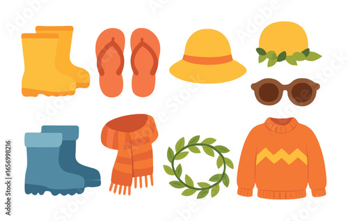 Seasonal Dress-Up Icons. Flat vector mini-illustrations seasonal dress-up fun in colors children's