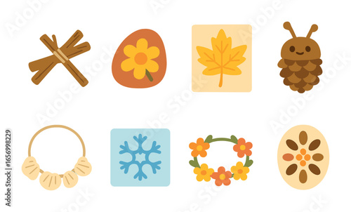 Seasonal Craft Icons. Flat vector mini-illustrations crafting with seasonal materials in colors children's