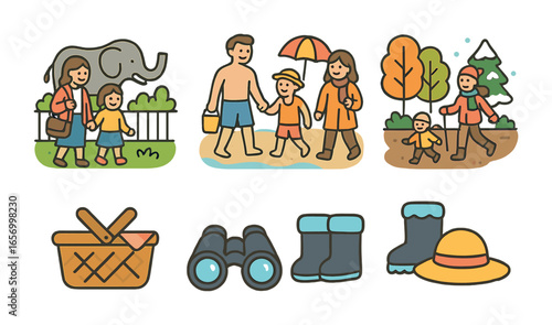 Seasonal Family Outings. Flat vector mini-illustrations family outings by season in colors children's
