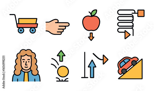 Laws of Motion Icons. Flat vector mini-illustrations laws of motion in colors children's illustrations: moving