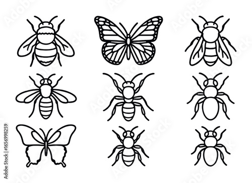Endangered Pollinator Icons. Outline icon set of endangered pollinators: rusty patched bumblebee, monarch