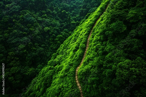 Aerial View of Lush Green Forest Path: Serene Nature Photography