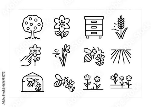 Pollination Icons Grid. Outline icon set of pollination in agriculture: orchard tree, crop flower, bee box,