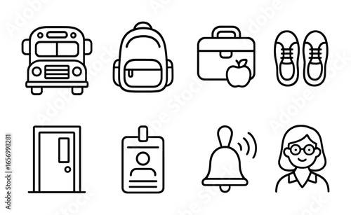 School Memories Icons. Outline icon set of first day of school memories: school bus, backpack, lunchbox, new