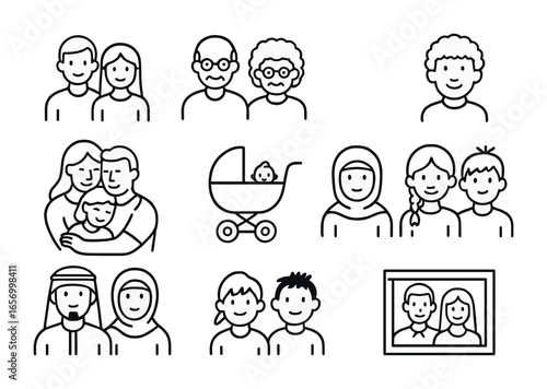 Multicultural Family Icons. Outline icon set of multicultural family portraits: parent duo, grandparents,