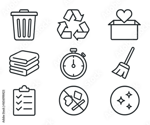 Cleaning Icons Set. Outline icon set of cleaning and decluttering: trash bin, recycling icon, donation box,