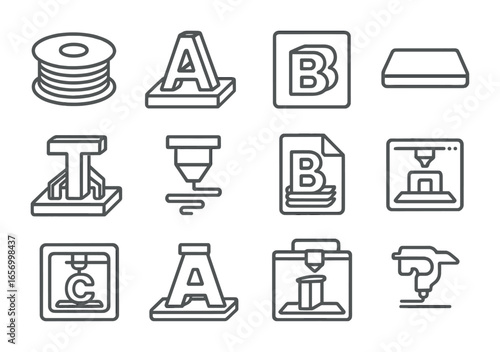 3D Printing Icons Grid. Outline icon set of 3D printing letters: filament roll, letter model, layer preview,