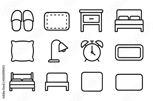 Bedside Essentials Icons. Outline icon set of slippers at bedside: cozy slippers, bedside rug, nightstand, bed