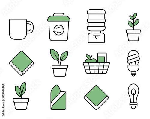 Green Breakroom Icons. Outline icon set of breakroom with green elements: ceramic mug, compost bin, water