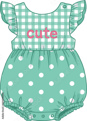 
Adorable children's romper with a gingham top and polka dot bottom, featuring a "CUTE" slogan, a flat vector illustration for apparel design