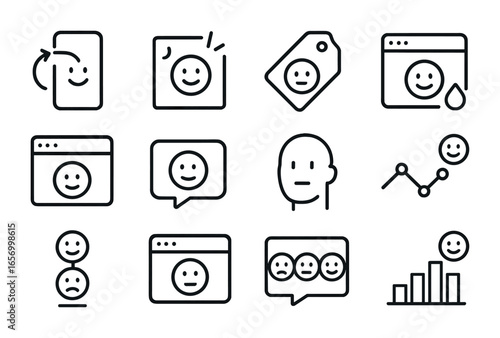Emotion Icon Grid. Outline icon set of emotion-based UI design: responsive icon, animated feedback, user mood
