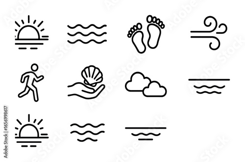 Morning Beach Icons. Outline icon set of early morning at the beach: sunrise icon, quiet waves, footprints in