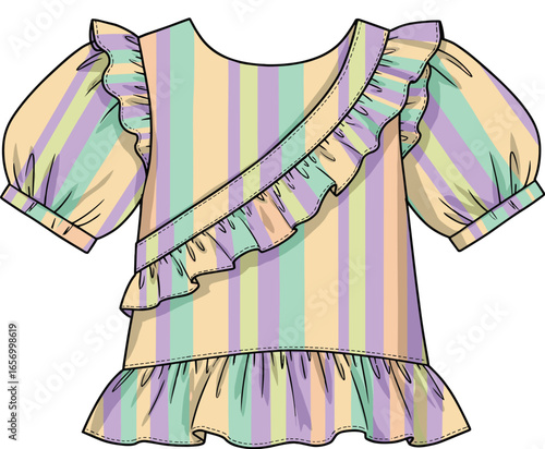 
Charming children's ruffled top with pastel stripes, featuring a diagonal ruffle and puff sleeves, a delightful flat vector illustration for apparel