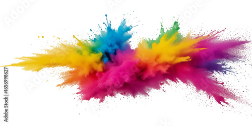 Vector abstract colorful rainbow holi paint and colorful cloud smoke powder explosion isolated on transparent wide panorama background.	