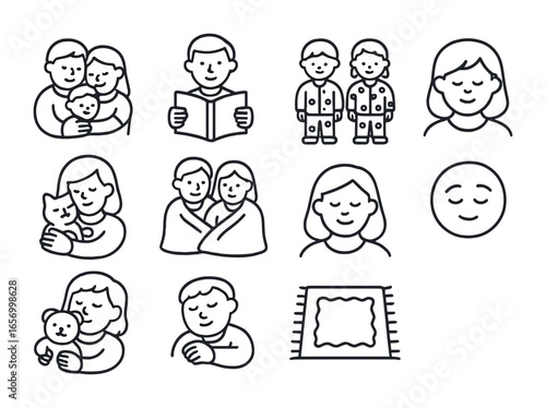 Family Snuggle Icons. Outline icon set of family snuggle time: group hug, storytime book, matching pajamas,