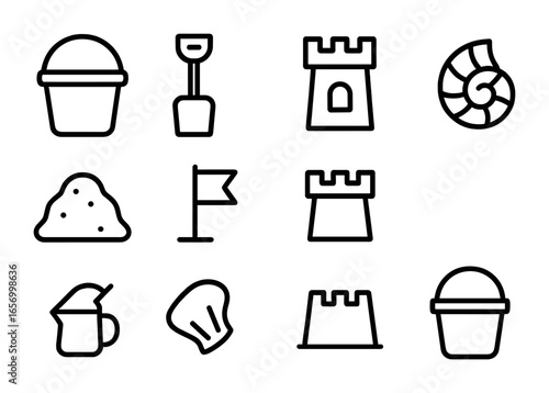Beach Sandcastle Icons. Outline icon set of building a sandcastle at the beach: sand bucket, plastic shovel,