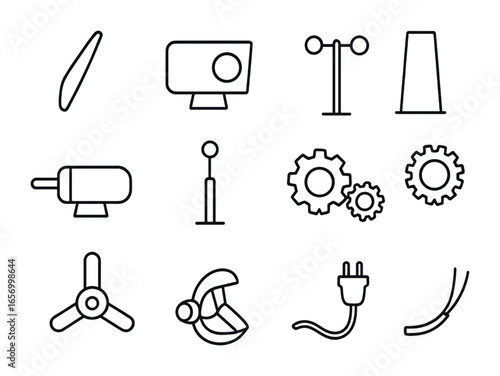 Wind Energy Icons. Outline icon set of wind energy components: wind blade, nacelle, tower base, yaw motor,