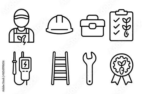 Hybrid Plant Icons. Outline icon set of hybrid plant maintenance: technician icon, safety helmet, toolbox,