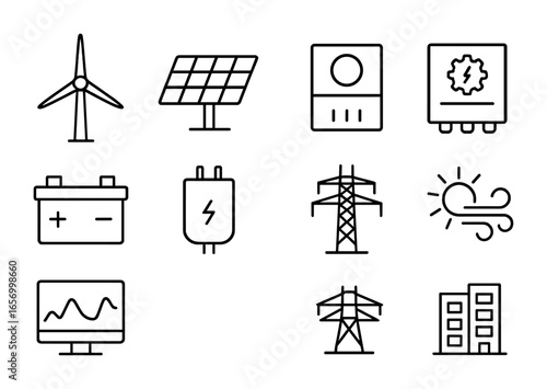 Renewable Energy Icons. Outline icon set of wind-solar hybrid plants: wind turbine, solar panel, inverter unit