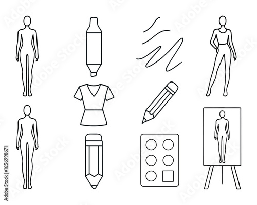 Fashion Illustration Icons. Outline icon set of fashion illustration elements: figure template, marker pen,