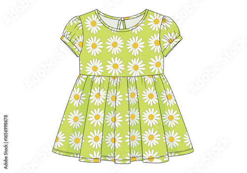 Cute lime green baby dress with all-over daisy print, perfect for spring and summer, fashionable toddler apparel, sweet floral design, comfortable children's clothing