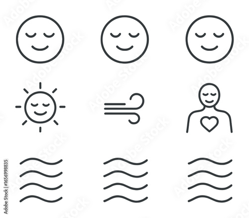 Calm Expression Icons. Outline icon set of calm emotional expression: peaceful face, closed eyes, soft smile,