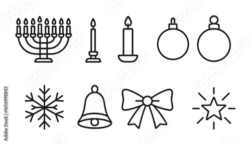 Winter Holiday Icons. Outline icon set of winter holiday celebrations: menorah, kinara, advent candle, tree