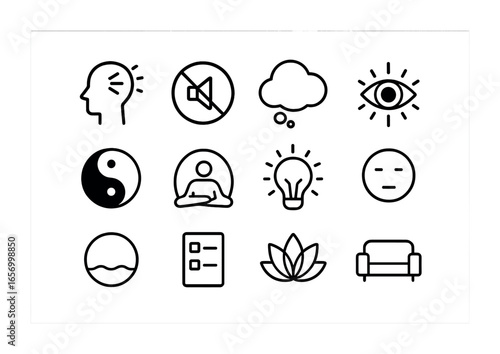 Mental Clarity Icons. Outline icon set of mental clarity and focus: clear mind icon, no-distraction badge,